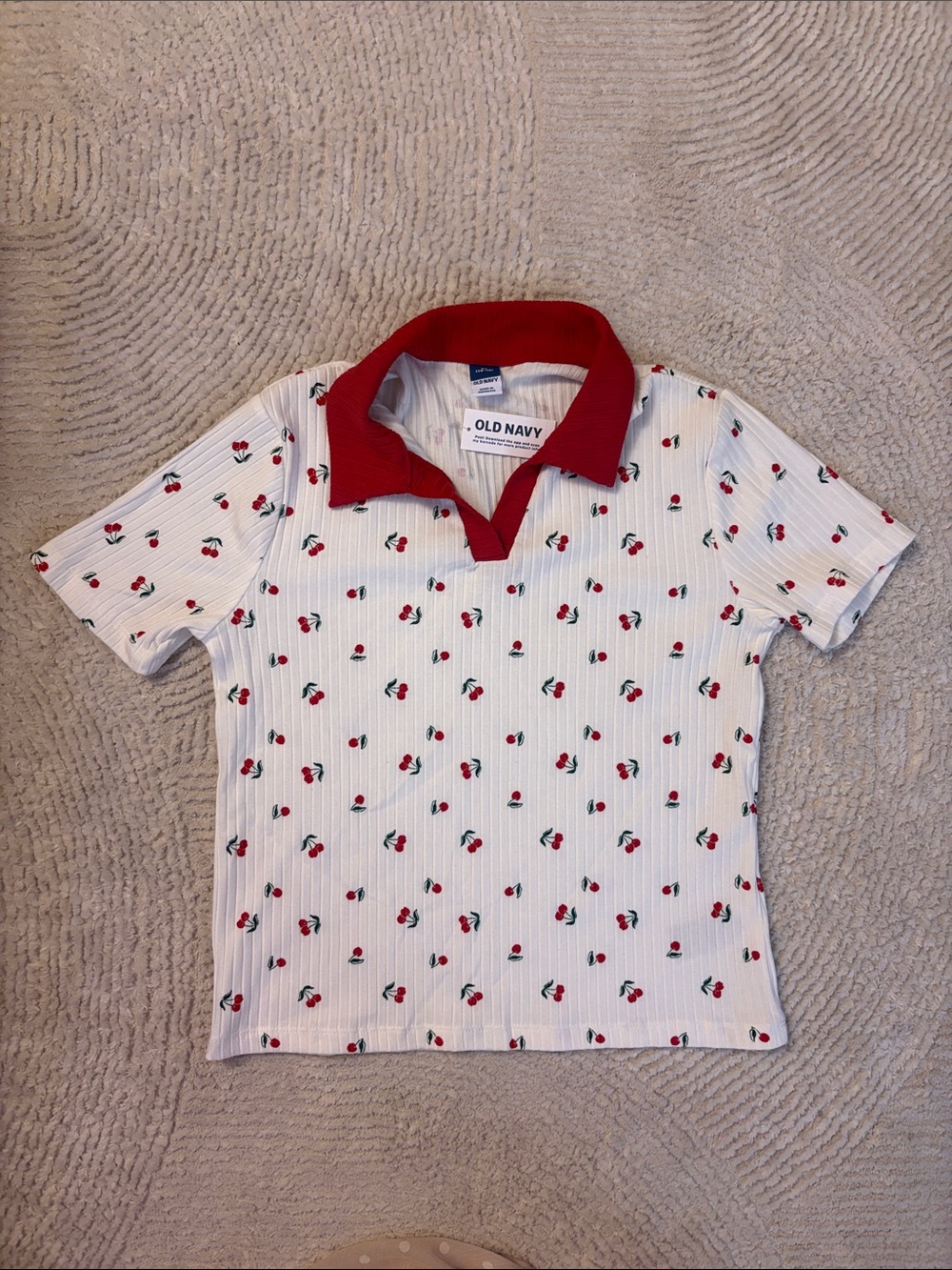 NWT Old Navy White Cherry-Print Polo with Red Collar